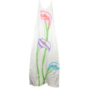 Vintage White Airbrushed Calla Lily Floral Halter Dress Sleeveless